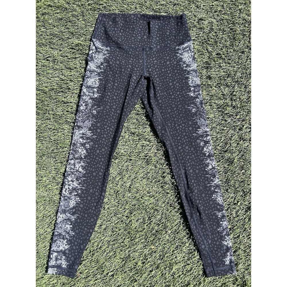 Lululemon Wunder Under High Rise Leggings Wmns 10 Black Gray Print Luxtreme EUC